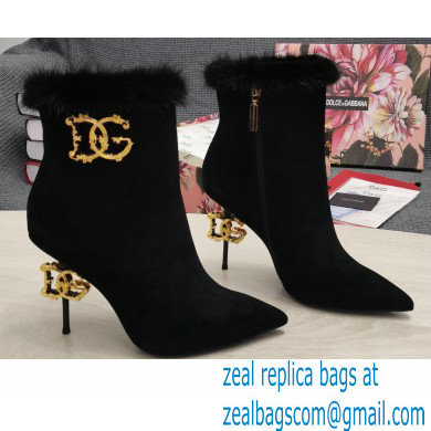 Dolce & Gabbana Mink Fur Thin Heel 10.5cm Leather Ankle Boots Suede Black with Baroque DG Heel 2021